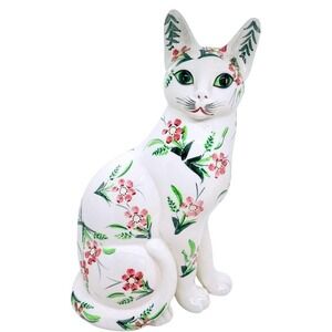 Vintage Norleans Cat Figurine Hand Painted Ceramic Pink Floral White‎ Green Eyes
